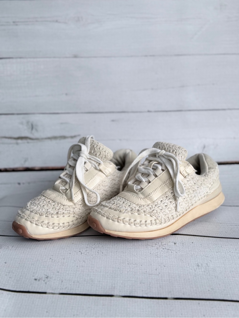 Mia Shoes Cream Woven Lace-Up Sneakers with Light Brown Outsole Accent